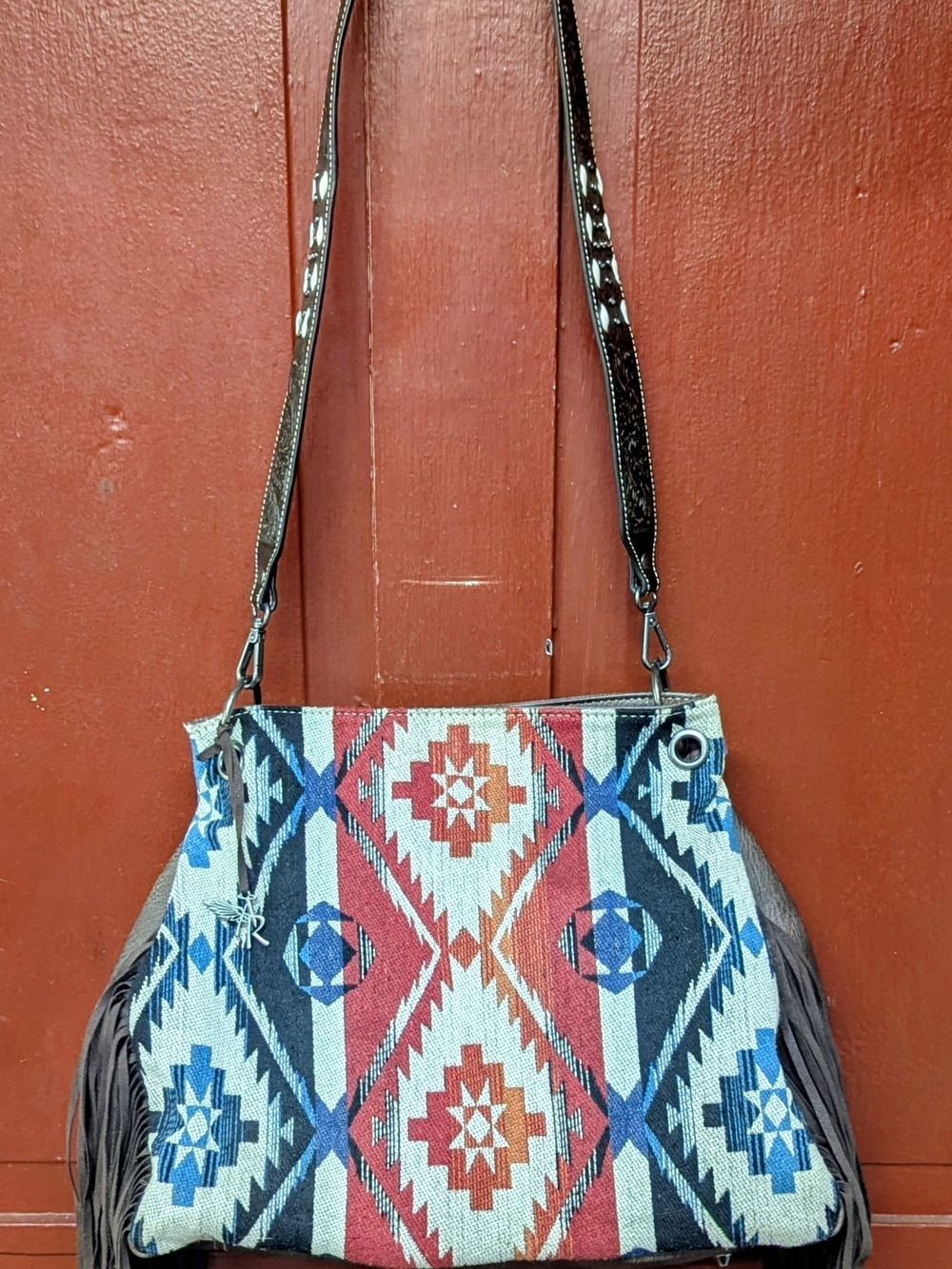 Aztec-Pattern Fringe Conceal Carry Shoulder Bag in Red, Blue & Cream